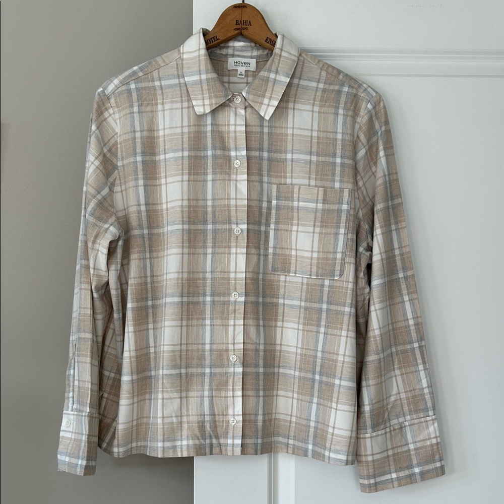 Haven Well Within Organic Cotton Plaid Blouse Sz XL w MEASUREMENTS Cream Tan